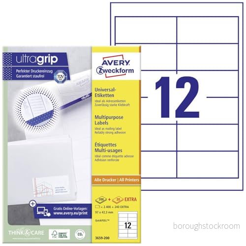 AVERY Zweckform 3659 200 adressklistermärken (2 400 plus 240 självhäftande etiketter extra, 97 x 42,3 mm på A4, utskrivbara avsändaretiketter, adressetiketter med ultragrip) 220 ark, vit 4004182249543