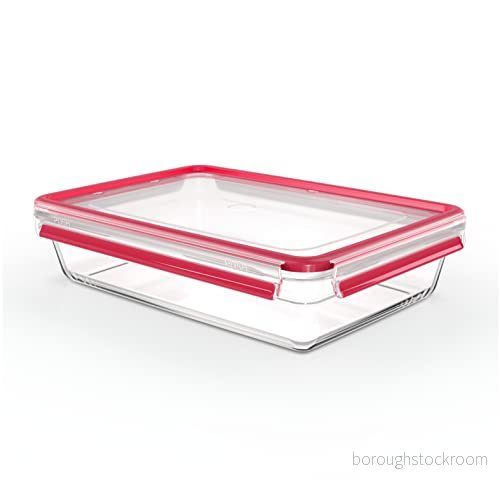 Emsa N10412 Clip & Stäng glas matförvaringsburk 3 l stapelbar fryssäker ugnssäker mikrovågsugnssäker halkfri stapling 100% tät diskmaskinssäker transparent/röd 4009049540122