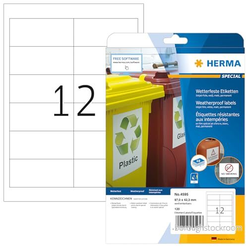 HERMA 4595 väderbeständiga folieetiketter för bläckstråleskrivare A4 (97 x 42,3 mm, 10 ark, folie, matt) självhäftande, utskrivbara, permanenta filmetiketter, 120 klistermärken, vit 4008705045957