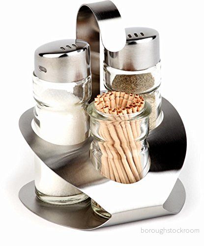 APS 40472 PRO Menage set satin ställ av polerat rostfritt stål och glas med lock i stål, 9,2 x 8,5 11,5 cm 4004133404724