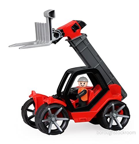 Lena 04513 TRUXX² teleskoplastare, byggarbetsplatsfordon ca. 35 cm, robust telehandlare med funktionell gaffel och fullt rörlig spelfigur, för barn från 2 år, leksaksfordon, röd/svart 4006942883301