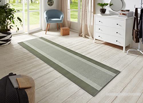 Hanse Home matta löpare band 80 x 500 cm Gångmatta, mjuk kort lugg, matta, modern design, för hall, sovrum, barnrum, badrum, vardagsrum, kök, dekorativ grön 4260770245728