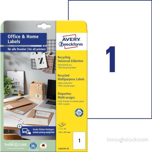 AVERY Zweckform LR3478 10 återvinningsetiketter (10 adressklistermärken, 210 x 297 mm på A4, 100% återvunnet avfall papper, tryckbara fraktetiketter, DHL) ark, naturvit 4004182334782