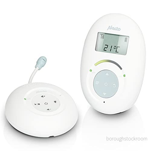 Alecto DBX120 babymonitor ljud DECT säker och problemfri anslutning intercom funktion 5 vaggvisor VOX låg strålning vit/blå 8712412586868
