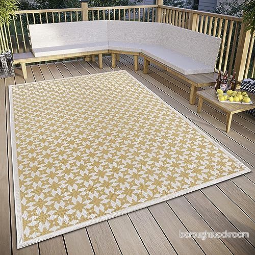freundin Home Collection Antonia in och utomhatta design platt tyg geometriskt mönster, väderbeständig för vardagsrum, hall, balkong, terrass, trädgård gräddvit ockra, 200 x 290 4262377778937