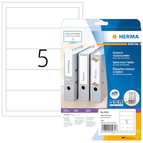 HERMA 5032 infoga ryggetiketter för mappar A4 kort/bred, set med 32 (190 x 54 mm, 800 ark, kartong) perforerade, utskrivbara, inte häftande insticksetiketter, 4 000 ryggetiketter, vit 4008705872805