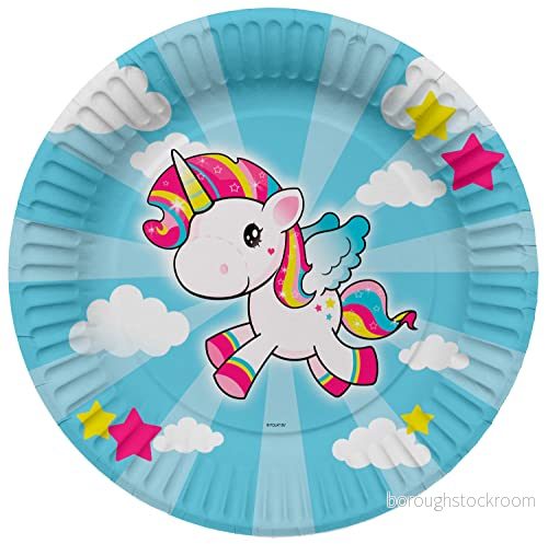 Folat 61933 Paper Party Tableware papperstallrik rund Ø enhörning 23 cm 8 stycken engångsporslin tallrik för födelsedagsfest, babyparty, bröllop, brudfest, flerfärgad 8714572619332