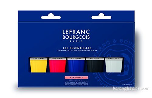 Lefanc & Bourgeois fin Aycrlfärg, i en uppsättning av 5 färger 80 ml, högpigmenterad, bra täckning primär gul, röd, blå, marssvart, titanvit 3013643006848