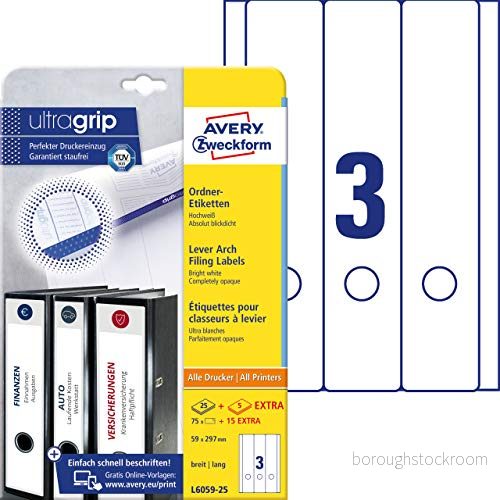 AVERY Specialform L6059 25 mapperlappar etiketter (med ultragrip, 59 x 297 mm på DIN A4, bred/lång, självhäftande, iögonfallande, tryckta mappetiketter, 90 bakskyltar 30 ark) vit 4004182060599