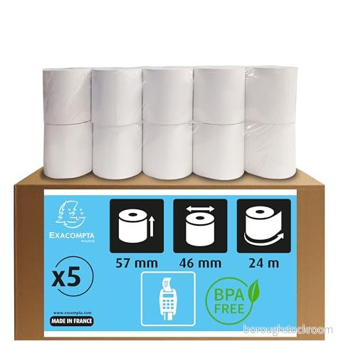 Exacompta Ref 40905E Förpackning med 5 kreditkortsrullar bredd 57 mm x diameter 46 12 kärna 1 termiskt skikt 55 g/m² Metervara + eller 2 m : 24 Vit 3130634409058