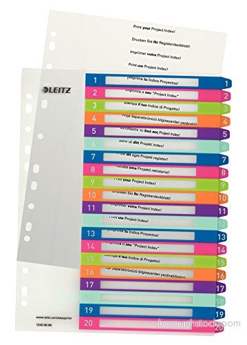Leitz WOW Utskrivbart register, A4, extra brett, 20 numrerade flikar, polypropen, vit/multi, 12450000 4002432115518