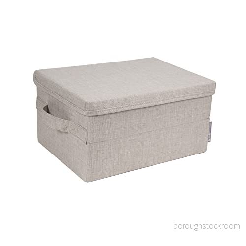 Bigso Box of Sweden Medium förvaringslåda med lock och handtag Skåplåda i polyester kartong linneutseende vikbar låda för kläder, sängkläder, leksaker etc. beige 7330061023230