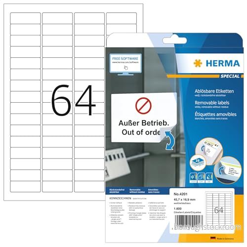 HERMA 4201 fliketiketter A4 avtagbart (45,7 x 16,9 mm, 25 ark, papper, matt) självhäftande, utskrivbara, avtagbara och återhäftande rubrikhållar etiketter, 1 600 klistermärken, vit 4008705042017