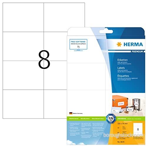 HERMA 8645 universella etiketter A4 stora, set med 32 (105 x 74 mm, 320 ark, papper, matt) självhäftande, utskrivbara, permanenta adressetiketter, 2 560 klistermärken, vit 4008705873918