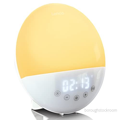 Lenco CRW-110 Wake-Up-Light ljusväckarklocka soluppgångsfunktion 7 färger 30 ljusintensiteter kontroll med Smartlife App Amazon Alexa två larmtider vit 8711902065340