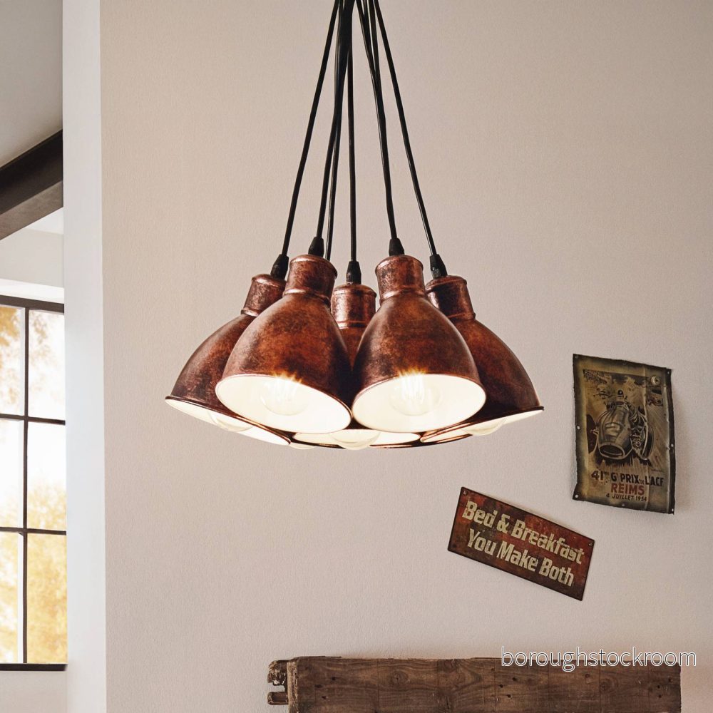 Eglo pendellampa Priddy 1, 7 ljuskällor vintage i industriell design, retro hängande lampa av stål, färg: antik koppar, fattning: E27 9002759494940