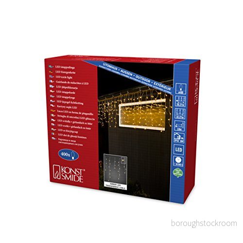 Konstsmide LED isregn ljusgardin, med vita glober, 400 varma dioder, 24 V utomhus trafo, transparent kabel 3673103 7318306731034