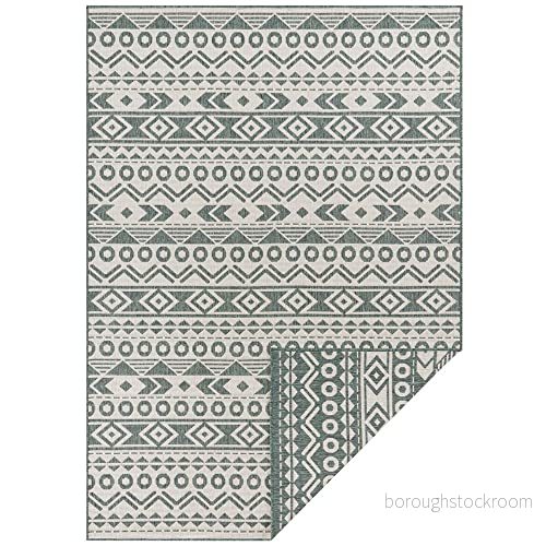 Hanse Home Platt vävd vändbar matta, Aztec kan användas på båda sidor retro boho etnomönster vardagsrum hall balkong terrass utomhus, storlek: 160 x 230 cm, färg: grön/gräddvit 4260659062170