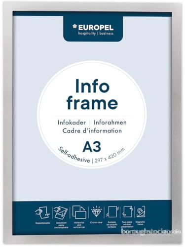 EUROPEL magnetisk självhäftande bildram i PVC, A3 silver, 2 delar, flyttbart lim, synlig dubbelsidig, porträtt eller landskap, total storlek 450 x 327 mm 8713931160003