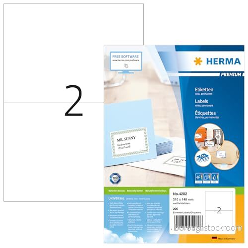 HERMA 4282 universella etiketter A4 stora, set med 14 (210 x 148 mm, 1 400 ark, papper, matt) självhäftande, utskrivbara, permanenta adressetiketter, 2 800 klistermärken, vit 4008705870962