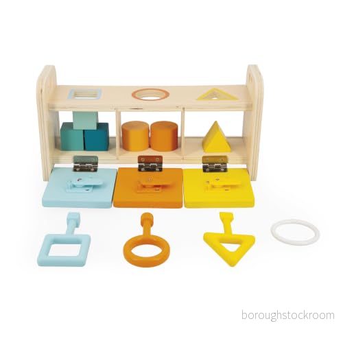 Janod Essential The Key Box Early Years Educational Wooden Game 2 In 1 Teaches Shapes, Colours and Fine Motor Skills Water Based Paint from 18 Months, J05065 3700217350659