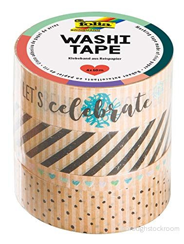 folia 26447 Washi tejp, tejp av respapper, 4 pack med kraftpapper "Let's celebrate", 3 rullar 10 m x 15 mm och 1 rulle 5 mm, perfekt för dekoration dekoration, scrapbooking 4001868110210