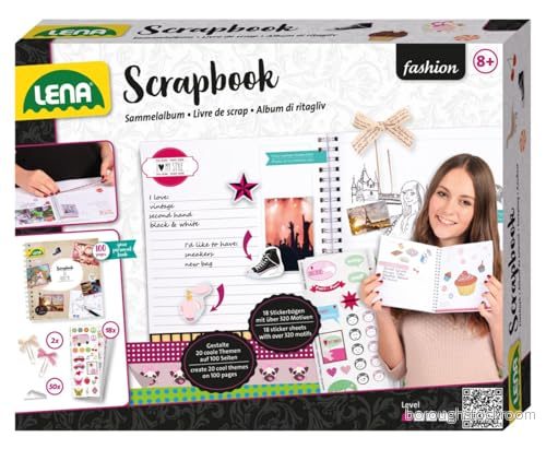 Lena 42332 DIY pysselset, scrapbooking fotobok med 100 sidor, 50 fotohörn, 2 slipklämmor och 18 klistermärkeark, för barn från 8 år, medium 4006942822409