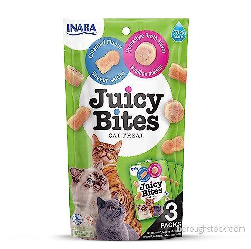 INABA Juicy Bites kattgodis, snacks väskor med saftig kärna i roliga former, munvänliga kattsnacks, bläckfisk & hansbuljong, 3 x 11 g förpackning 8859387701725