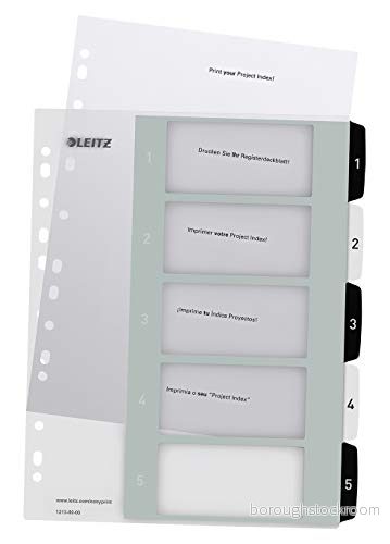 Leitz WOW Utskrivbart register, A4, extra brett, fem numrerade flikar, polypropen, vit/svart, 12130000 4002432120352