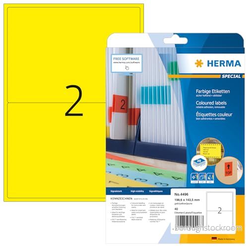 HERMA 4496 färgade etiketter A4 avtagbart, set med 32 (199,6 x 143,5 mm, 640 ark, papper, matt) självhäftande, utskrivbara, avtagbara och återhäftande färgetiketter, 1 280 klistermärken, gul 4008705871921