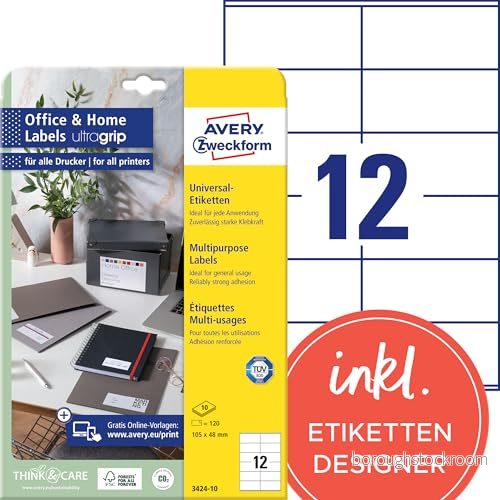 AVERY Zweckform 3424 10 adressklistermärken (120 etiketter, 105 x 48 mm till A4, FSC, utskrivbara avsändaretiketter, självhäftande etiketter med ultragrip, perfekt för HomeOffice) ark, vit 4004182334737