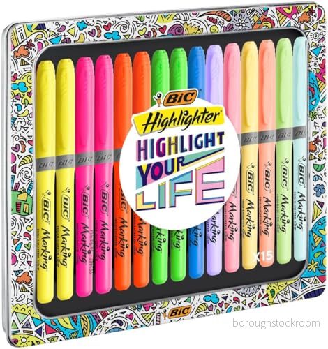 BIC Highlighter samlingslåda, blandade intensiva och pastellfärger, i praktisk metallpresentask, förpackning med 15 3086123595446
