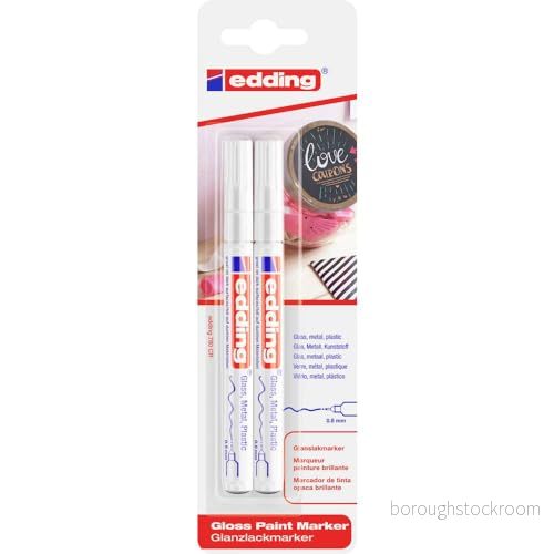 edding 780 glanslackmarkör vit förpackning med 2 lackmarkörer extra fin rund spets 0,8 mm färgpenna för glas, sten, trä, plast och papper vattentät, starkt täckande, mycket tunn 4004764868032
