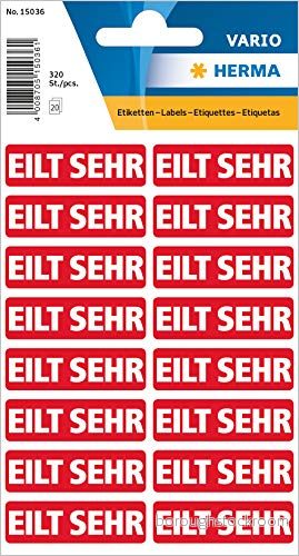 HERMA 15036 varning etiketter med ”EILT SEHR” tryck (40 x 12 mm, 20 ark, papper, matt) självhäftande, permanenta varningsskylt, 320 klistermärken, röd 4008705150361