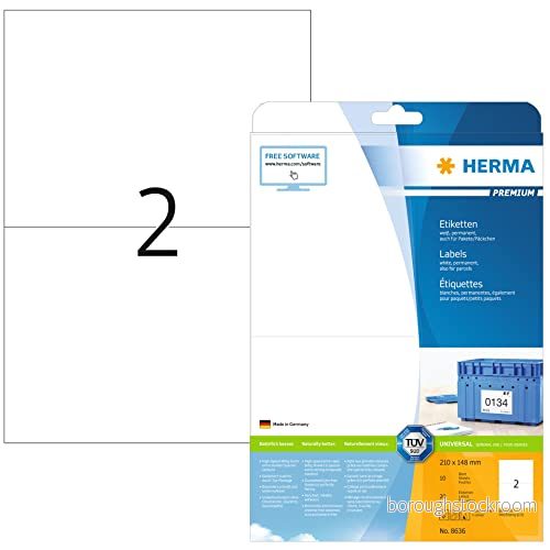 HERMA 8636 universella etiketter A4 stora, set med 32 (210 x 148 mm, 320 ark, papper, matt) självhäftande, utskrivbara, permanenta adressetiketter, 640 klistermärken, vit 4008705873840