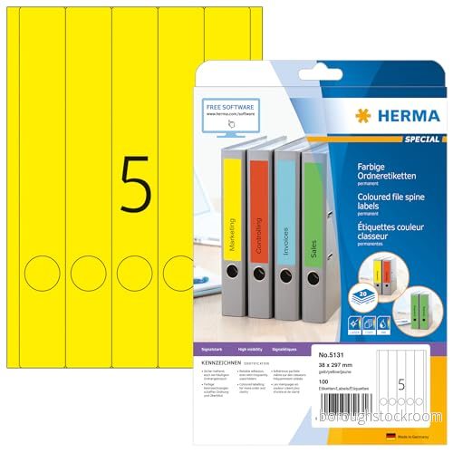 HERMA 5131 mappetiketter A4 smal/lång (38 x 297 mm, 20 ark, papper, matt) självhäftande, utskrivbara, permanenta mappa ryggetiketter, 100 filetiketter, gul 4008705051316