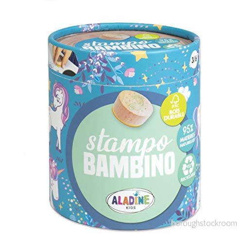 Aladine 3003131 stämpelset för barn, Stampo Bambino, enhörningar, 8 trästämplar med stämpelkuddar, trä 3660016031312