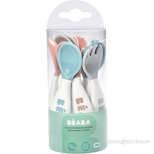 Béaba ergonomiskt första bestick 6 skedar och 4 gafflar kort, rundat handtag babyvänlig, lämplig för höger vänsterhänta användare grå/blå/rosa 3384349134716