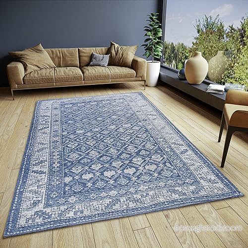 HANSE Home Curan Orient matta orientalisk löpare klassiskt vävd med kant, vintagelook, lätt glänsande platt väv för sovrum, matsal, vardagsrum, hall blå, 80 x 165 cm 4068226001184