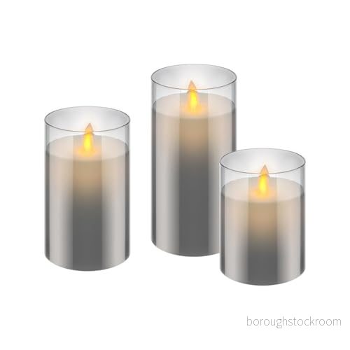 goobay 57865 set med 3 LED äkta vaxljus i glas (grå) timerfunktion, varmt vitt ljussken, rörlig låga, 10, 12,5 och 15 cm höga ljus transparent 4040849578656