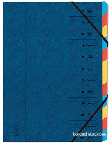 Exacompta Ref 54122E Häftad ryggmapp i flera delar 245 x 320 mm, lämplig för förvaring av A4 dokument 12 sektioner med flikar blått omslag flerfärgade 3130630541226