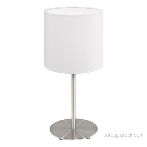 EGLO bordslampa pasteri, 1 brandsäker textil bordslampa, stål, tyg, nickel matt, vit, E27, inkl. strömbrytare, H: 40 cm 9002759315948