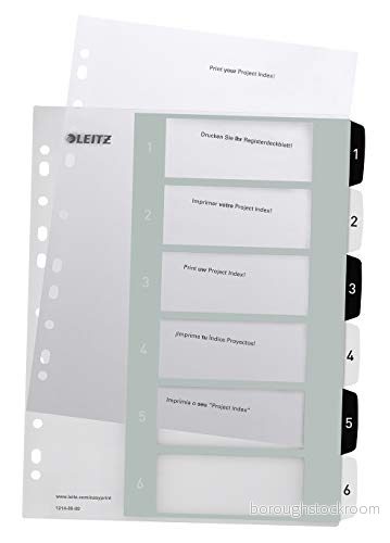 Leitz WOW Utskrivbart register, A4, extra brett, sex numrerade flikar, polypropen, vit/svart, 12140000 4002432120369