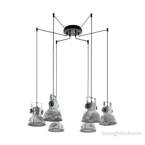 Eglo pendellampa barnstaple, 6 ljuskällor vintage i industriell design, retro hängande lampa av stål zink använd look, trä, färg: brun patina, svart, fattning: E27 9002759497323