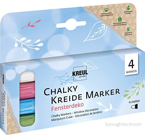 Kreul 22709 Chalky krita markörer fönsterdekorset, 4 pennor med dimensionellt stabil rund spets ca 23 mm, matta, ingen permanenta flytande krita, för ritning på tavlor, memoboards eller glasytor 4000798120344