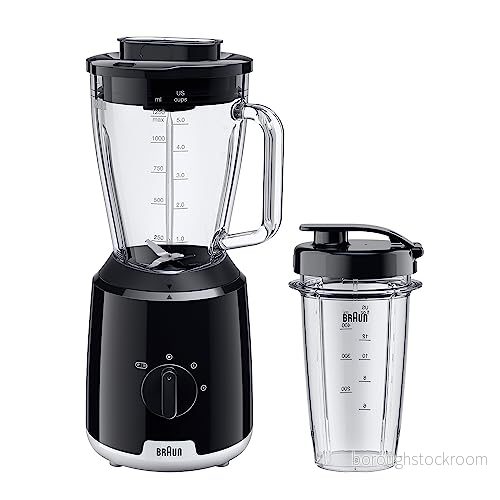 Braun Household PowerBlend 1 JB1051BK Blender med 1,5 l glasbehållare 2 hastigheter inkl. To Go kopp och iskrossningsfunktion, kökshjälp för att krossa, mosa blanda, svart 8021098001597