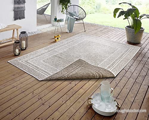 Hanse Home Platt ram, in och utomhus, vändbar matta, väderbeständig, modern designmatta för balkong, terrass, trädgård, vinterträdgård, vardagsrumsmatta, vattentät, 80 x 250 cm, linne 4260770248163