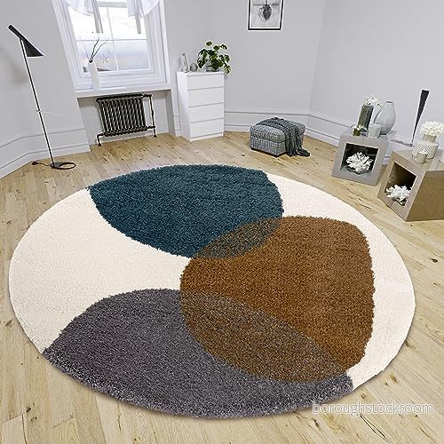 HANSE Home Arti matta med hög lugg rund vardagsrumsmatta, lång lugg, lurvig modernt mönster, fluffig mjuk för vardagsrum, sovrum, ungdomsrum gräddvit brun cyan, 160 cm 4262377778630