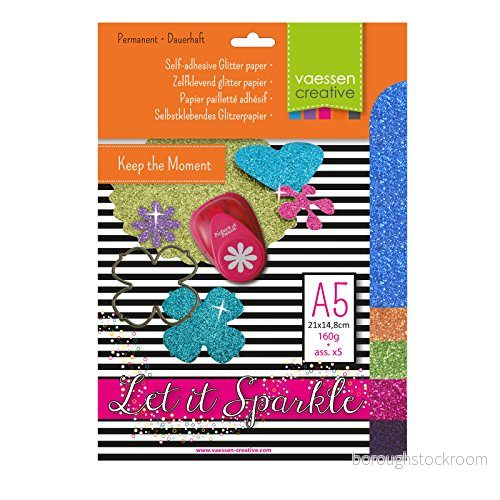 Vaessen Creative 5X självhäftande glitterpapper 160 g A5 sortiment 5, kartong, sortering, 21 x 15 0,5 cm 8716052212002