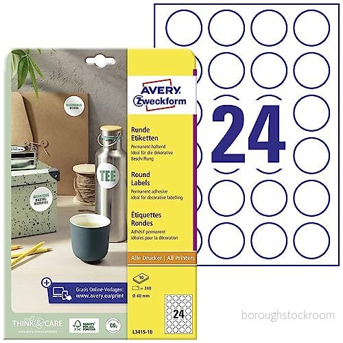 AVERY Zweckform Runda etiketter L3415 10 (240 klistermärken på ark, för tryck, självhäftande, Ø 40 mm, A4, självhäftande prickar märkning av dokument, produkter) vit 4004182634172